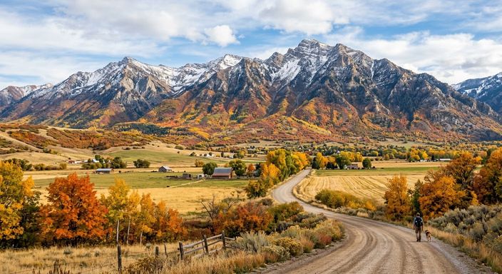 Fall in Cache Valley: the snow-dusted Wellsville Mountains above slopes of red, orange, and gold trees, with farm fields, barns, and a winding dirt road where a person walks a dog past bright autumn trees.