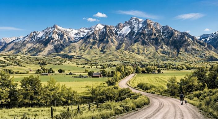 Spring in Cache Valley: snow lingering on the Wellsville Mountain peaks above fresh green foothills, fields, and leafy trees, with barns and a person walking a dog down the winding dirt road.